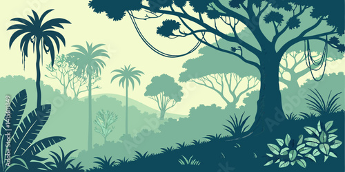Jungle landscape. Layered background with rainforest. Parallax effect. Horizontal blue panoramic backdrop with lianas, palms, trees and bushes