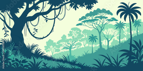 Jungle landscape. Layered background with rainforest. Parallax effect. Horizontal blue panoramic backdrop with lianas, palms, trees and bushes