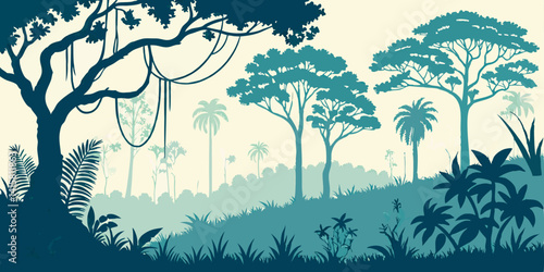 Jungle landscape. Layered background with rainforest. Parallax effect. Horizontal blue panoramic backdrop with lianas, palms, trees and bushes