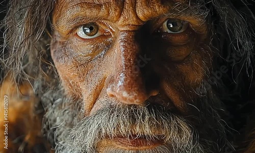 Close-up portrait of a weathered ancient man.
