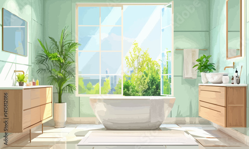 illustration of spacious bathroom interior furnished with bathtub and cabinet with sink near panoramic window