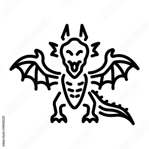 A linear style icon of a gothic dragon 