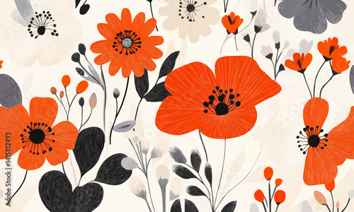 Illustration of various abstract flowers in orange, white, and gray tones arranged in a seamless pattern with a light background.