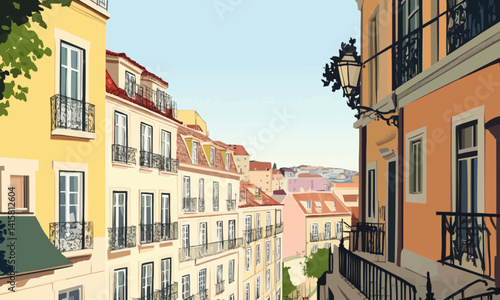 illustration of view to street the facade of old houses in lisbon