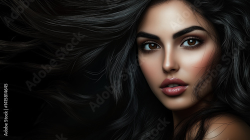 Wallpaper Mural Striking Portrait of a Young Woman with Luxurious Black Hair, Intense Gaze, and Soft Makeup;  Close-up Beauty Shot Showcasing Smooth Skin, Defined Features, and Voluminous Hair;  Professional Torontodigital.ca