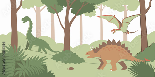 Seamless vector tropical forest with Stegosaurus, Tyrannosaurus, triceratops, Spinosaurus, styracosaurus, Parasaurolophus, Brachiosaurus and pterodactyl