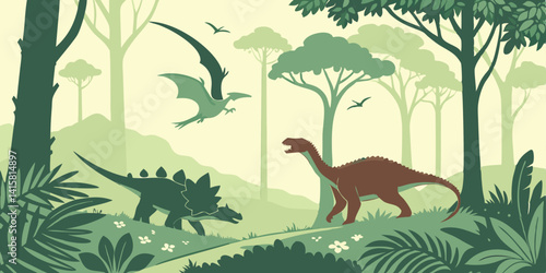 Seamless vector tropical forest with Stegosaurus, Tyrannosaurus, triceratops, Spinosaurus, styracosaurus, Parasaurolophus, Brachiosaurus and pterodactyl
