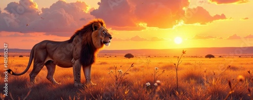 Watercolor lion in grassland with African sunset, safari, nursery, wildlife