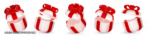 3d gift boxes set with ribbon bow isolated on a white background. 3d render flying modern holiday closed surprise box.