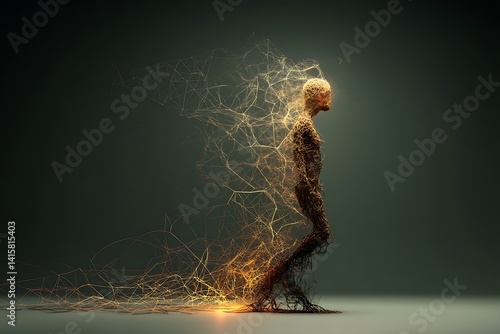 Abstract human figure made of golden lines and threads, walking towards the light in a dark, mystical environment
