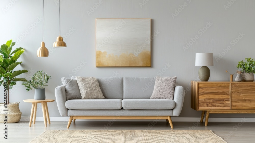 Fototapeta premium Contemporary scandi interior, light gray sofa, wall matched flush doors, long oak console, ambient indirect lighting, full calm layout