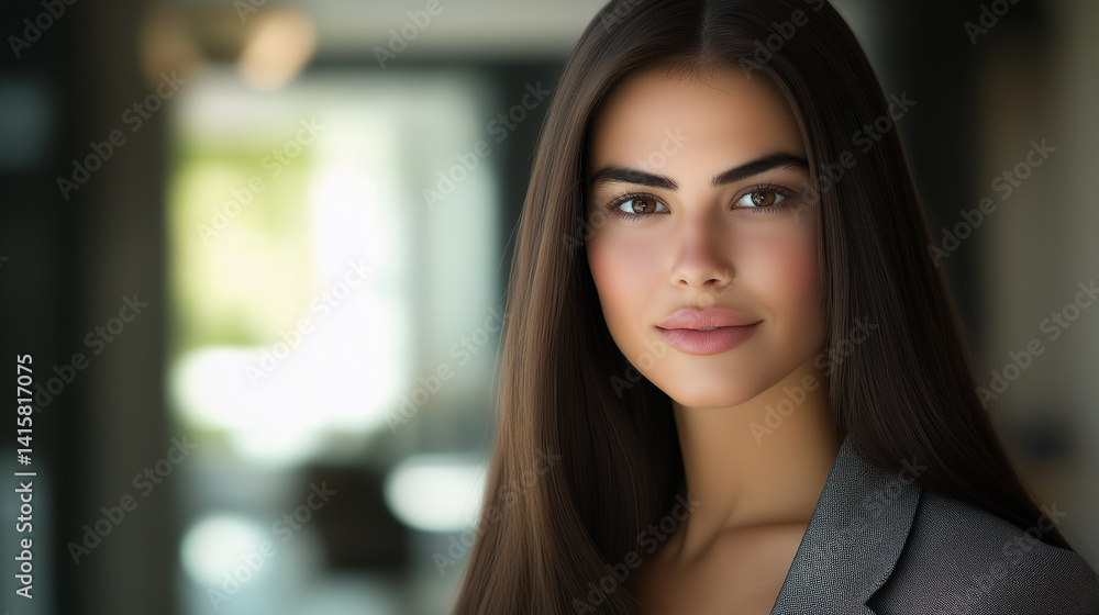 Fototapeta premium Portrait of a Confident Young Businesswoman, Professional Headshot of a Woman in her Twenties with Long Dark Hair, Stylish Gray Blazer, Successful and Ambitious Female Executive, Corporate