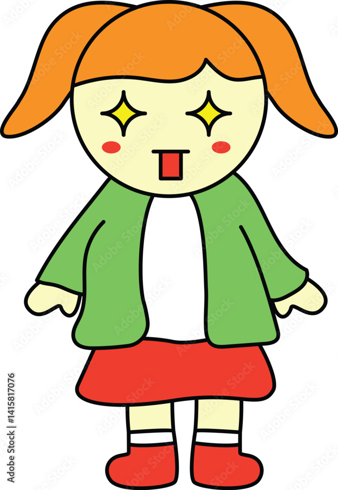 Excited Girl Character with Sparkling Eyes and Tongue Out Expression Excited Girl Character with Sparkling Eyes and Tongue Out Expression