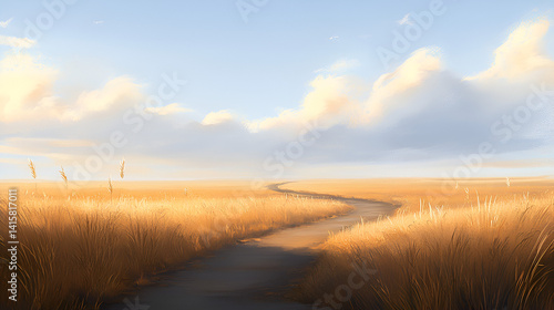 
The background shows vast open fields with tall dry grass with a craft road. The sky is soft blue with diffuse clouds, bathed in warm, golden light. The artistic style is semi-realistic, with a paint