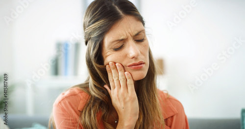 Woman, mouth and pain with toothache at house from dental cavity, tooth extraction and gum infection. Female person, discomfort and decay with gingivitis, root canal injury and treatment for filling