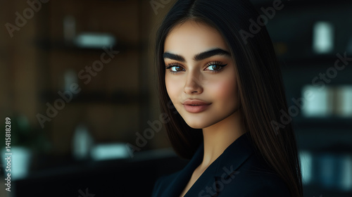 Wallpaper Mural Portrait of a Confident Young Woman,  20s, with Dark Hair and Striking Eyes, Professional Attire, Modern Office Background, Close-up, Businesswoman, Female Executive, Leadership, Success, Ambition Torontodigital.ca