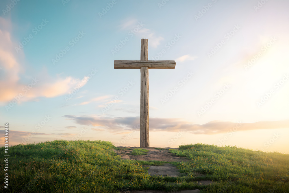 A cross standing against a sunrise sky symbolizing faith and spirituality A cross standing against a sunrise sky symbolizing faith and spirituality