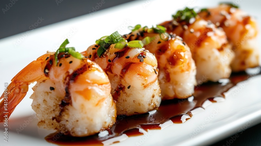 Shrimp Nigiri Sushi with Soy Sauce Garnish Shrimp Nigiri Sushi with Soy Sauce Garnish