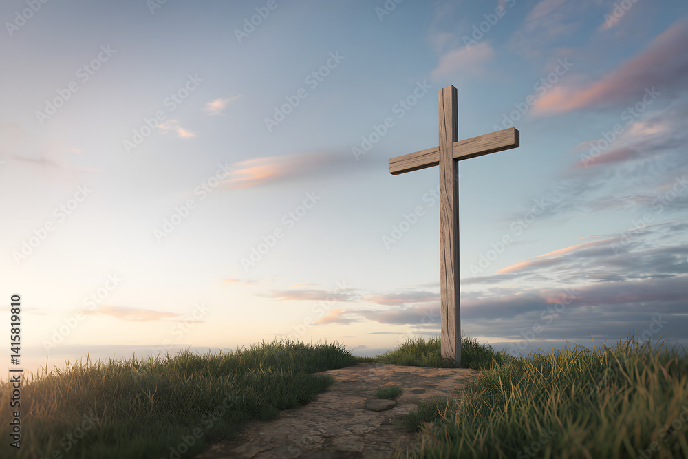 A cross standing against a sunrise sky symbolizing faith and spirituality A cross standing against a sunrise sky symbolizing faith and spirituality