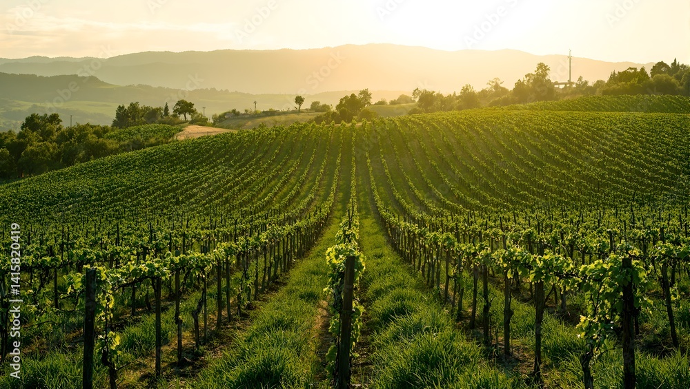 Scenic vineyard at golden hour rows of grapevines on lush hillsides under a setting sun perfect for wine or travel concepts Scenic vineyard at golden hour rows of grapevines on lush hillsides under a setting sun perfect for wine or travel concepts