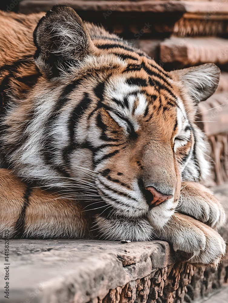 Fototapeta premium A furred animal is resting on an ornate structure.