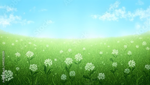 Tranquil scene of clover meadow under clear blue sky delicate white blossoms covering lush green landscape