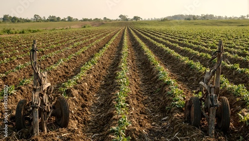 Beautiful rural landscape with a potato field bordered by old wooden plows under a gentle sunlight
