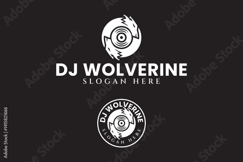 dj mixer with vinyl disc and wolves yin and yang logo design sets. yin yang wolf with vinyl disc record badge logo design. modern disc jockey logo for music instrument and entertainment company