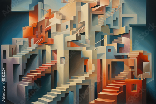 Cubist representation of a paradoxical staircase leading in endless directions