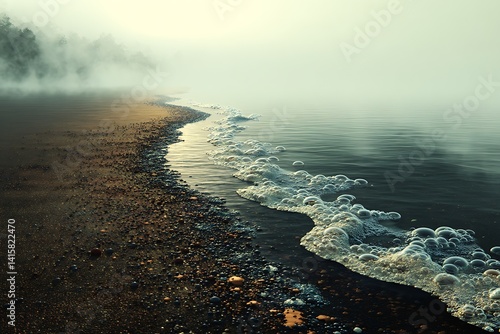 A Serene Morning Seascape with Gentle Waves and Misty Horizon