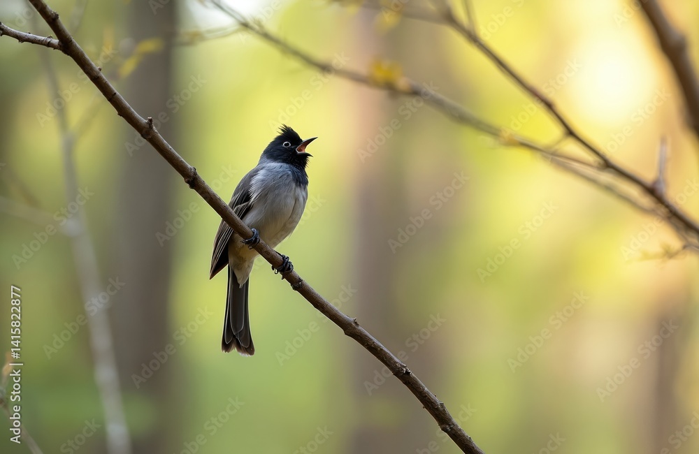 Male Blackcap bird, Sylvia atricapilla, singing perched on branch in natural forest habitat. Eurasian songbird, springtime wildlife scene. Beautiful bird, vibrant colors. Focus on details, feathers, Male Blackcap bird, Sylvia atricapilla, singing perched on branch in natural forest habitat. Eurasian songbird, springtime wildlife scene. Beautiful bird, vibrant colors. Focus on details, feathers,