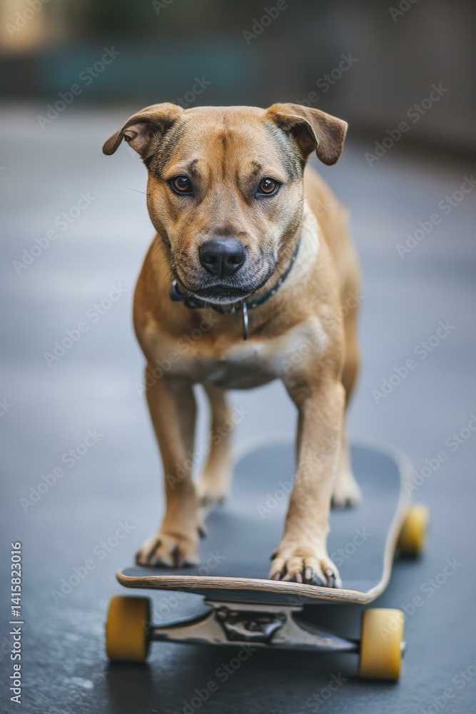 Obraz premium Dog Standing Balancing on Skateboard Ready to Ride on Street Pavement
