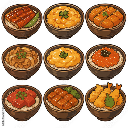 Assorted Japanese donburi bowls with diverse toppings