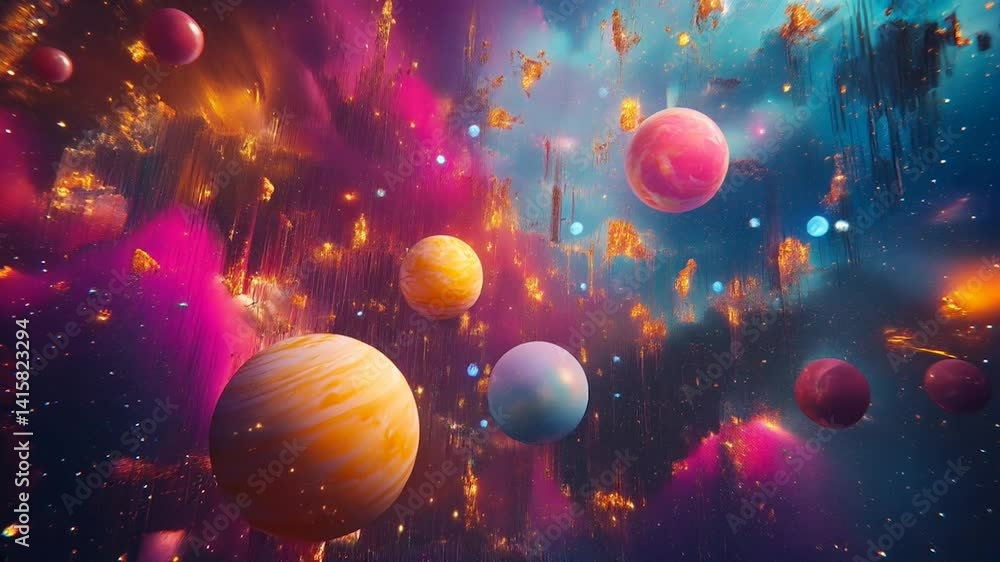 Colorful cosmic landscape with planets and vibrant galaxies in deep space
