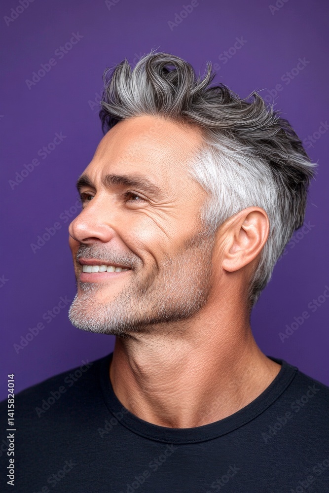 Fototapeta premium Classy men's undercut haircut - midlife white man with white hair. A chic and vibrant male with effortless elegance. Idea of style for aging men. Purple solid background.