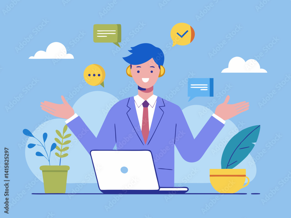 Illustration of a call center agent with laptop and plants on a light blue background design art Illustration of a call center agent with laptop and plants on a light blue background design art