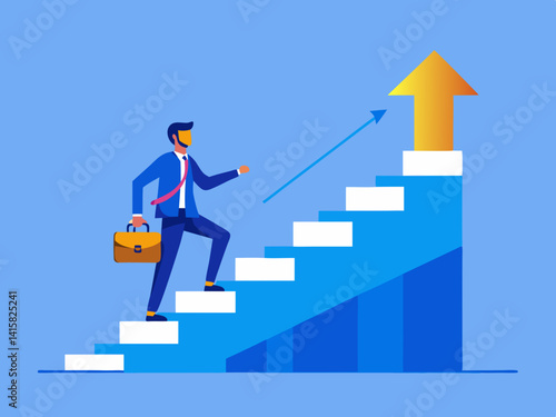 Businessman climbing stairs towards a golden arrow representing success and career advancement in business