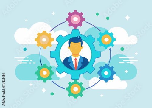 Illustration of a businessman inside a gear surrounded by other gears and cloud shapes design concept