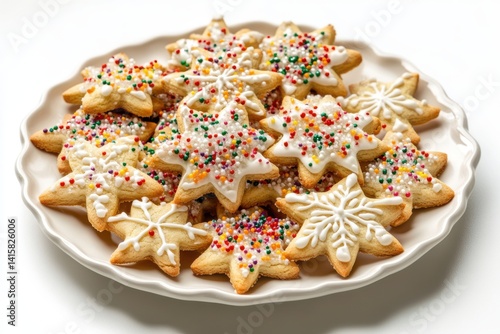 Star shaped cookies with icing on plate on white background