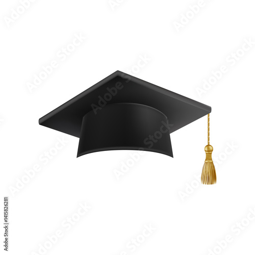 Realistic Black graduate cap. 3D Graduation Doctoral hat.