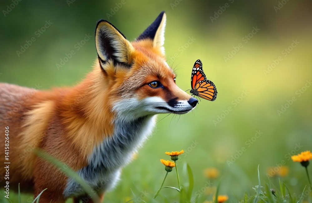 Fototapeta premium Red fox portrait in meadow with butterfly sitting on nose. Cute animal is happy in the sun. Wildlife photo of mammal carnivore exploring habitat. Sunny summer autumn nature.