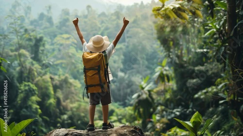 Wallpaper Mural The person is standing happily on a mountainside in the middle of the jungle. Hiking in a rainforest. Torontodigital.ca