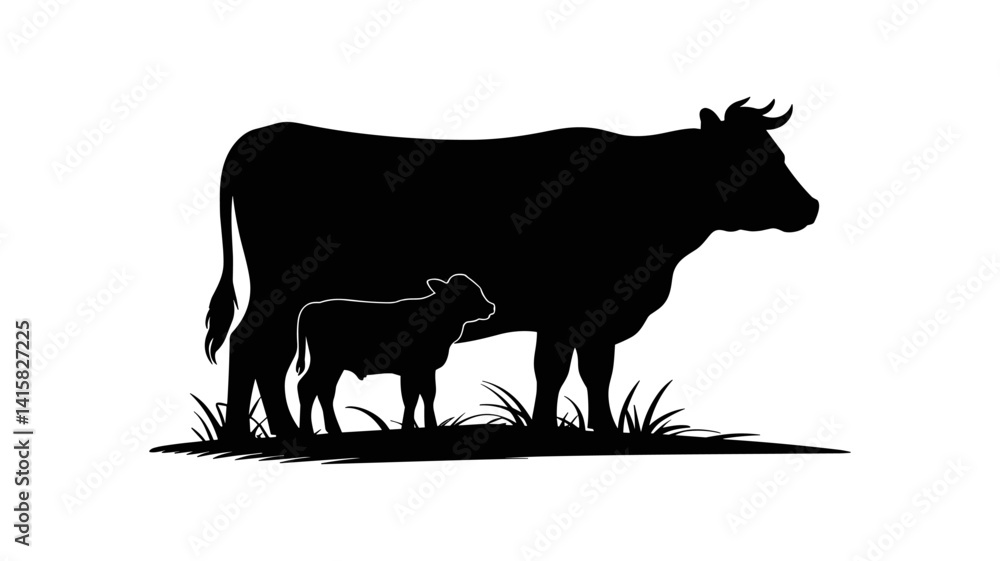 Fototapeta premium Cows and Calf Silhouette: A serene silhouette of a cow standing alongside its calf, embodying the tranquility of rural life and the bond of maternal care.