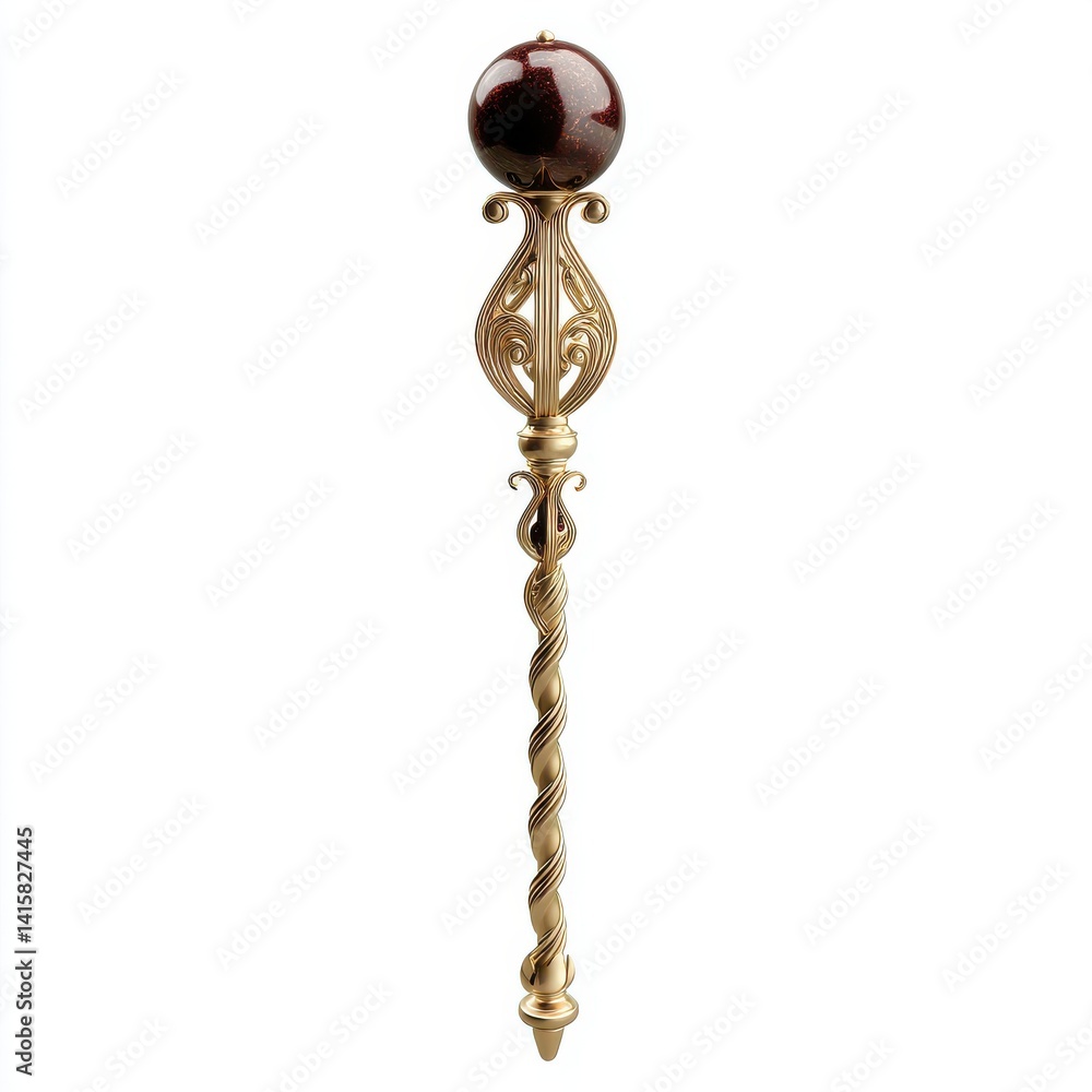 Fototapeta premium Golden scepter with a dark red orb finial isolated on white background