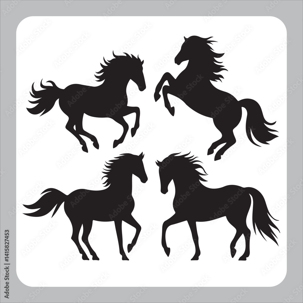 Black vector art showcases a set of horse silhouettes, including a wild stallion in a gallop and a running farm animal with a flowing mane and tail Black vector art showcases a set of horse silhouettes, including a wild stallion in a gallop and a running farm animal with a flowing mane and tail
