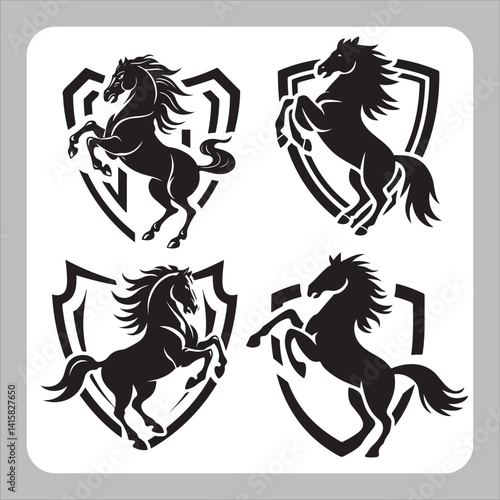 Heraldic lion shield coat of arms design features a black horse silhouette, an equestrian symbol of wild, jumping art