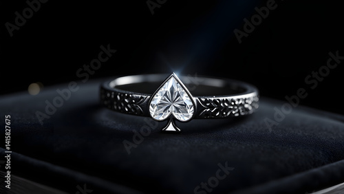 A diamond Ace of Spades ring with black rhodium band, refracting prismatic light on velvet. Hyper-realistic textures: metal, gem, and fabric shadows.