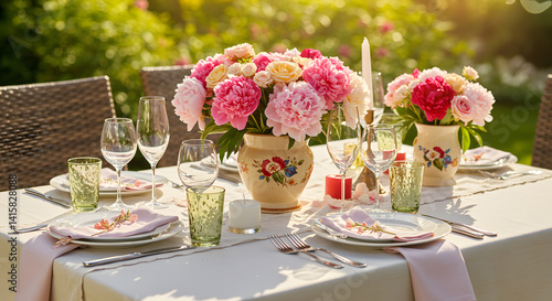 Elegant table setup for Mother's Day lunch in a garden, with floral decorations and wine glasses