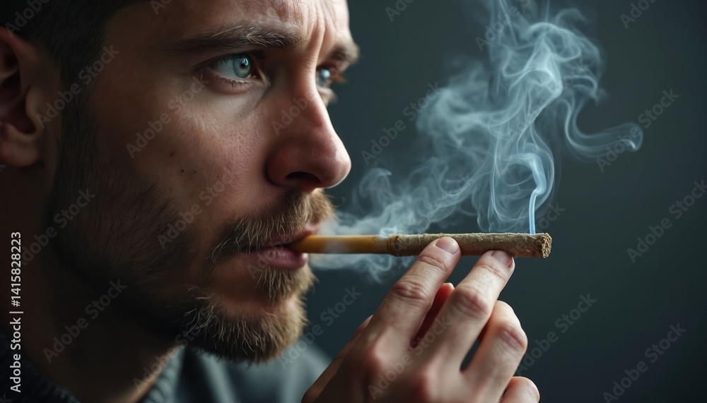 Fototapeta premium Man smoking cannabis joint inhaling smoke. Close-up portrait with smoke around his face, lips. Recreational or medical herb use for relaxation, break. Smoke cloud. Marijuana drug consumption.