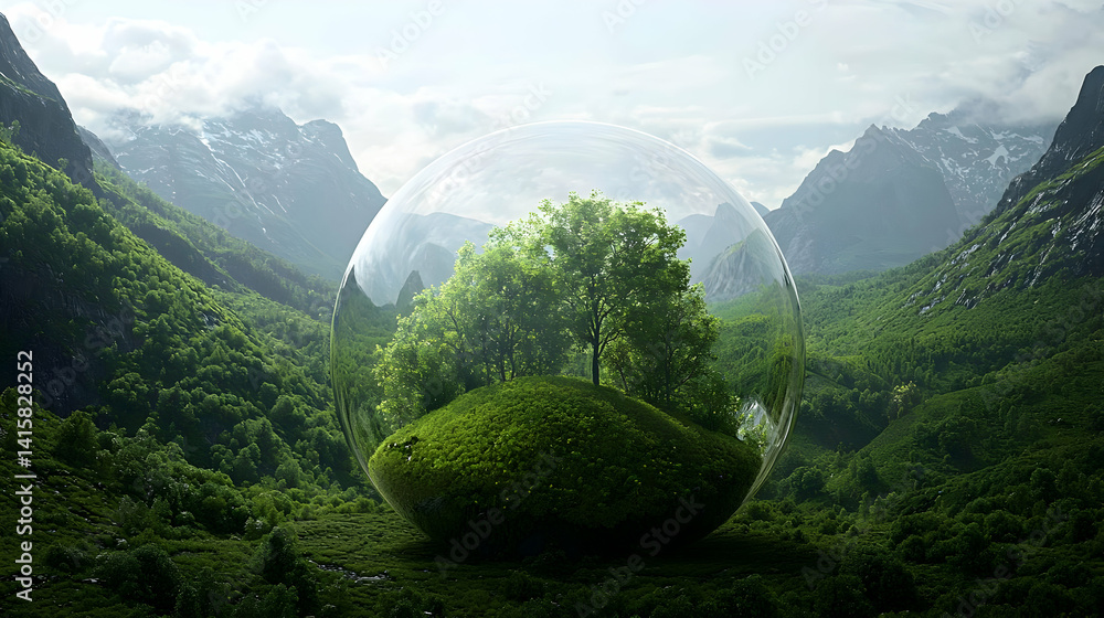 Pixelated Forest Landscape With Transparent Sphere